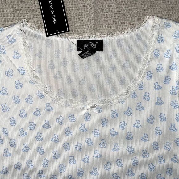Just Polly NWT Cropped Teddy Bear Tee White & Blue - Large - Picture 3 of 6